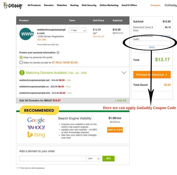 How to apply Godaddy Renewal Coupons on Cart for Domain & Web Hosting