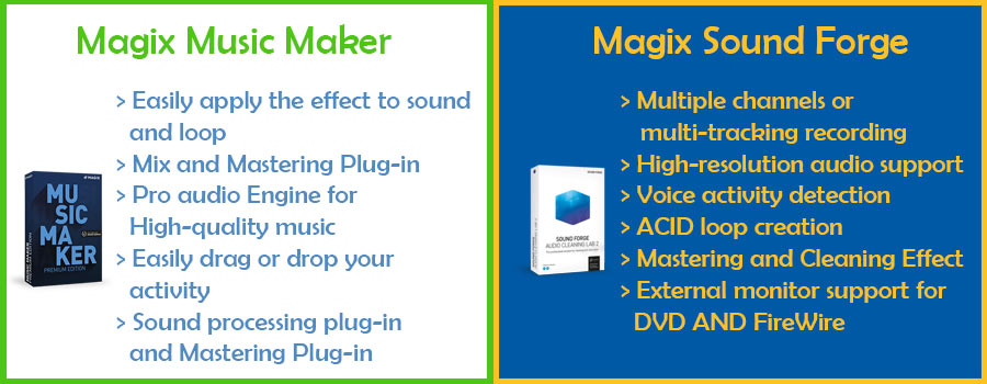 feature comparison of magix music maker and sound forge